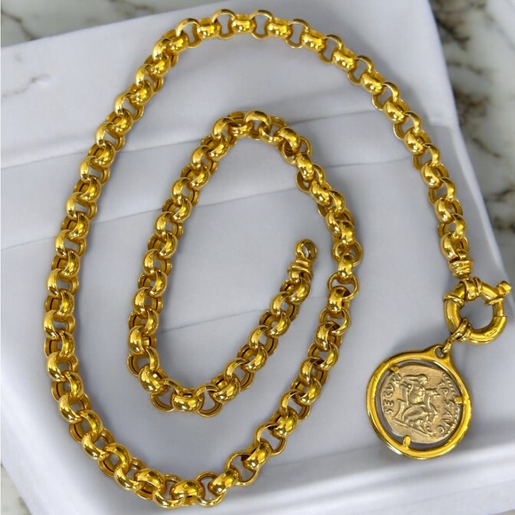 ***SOLD***Vintage 14k Yellow Gold 6mm Rolo Link Roman Coin Pendant Necklace! - Picture 9 of 16